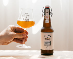 A hand holding a glass filled with kombucha, alongside a bottle of On The Wagon Cardamom & White Tea kombucha