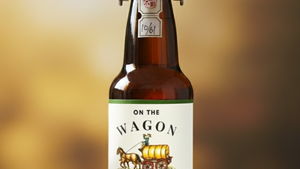 Bottle of 'On the Wagon' Malt Hops Kombucha on a wooden surface with a blurred background