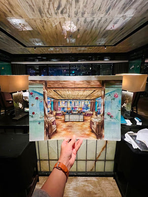 Custom drawing of Lai Ching Heen restaurant at Regent Hotel Hong Kong for On The Wagon kombucha label
